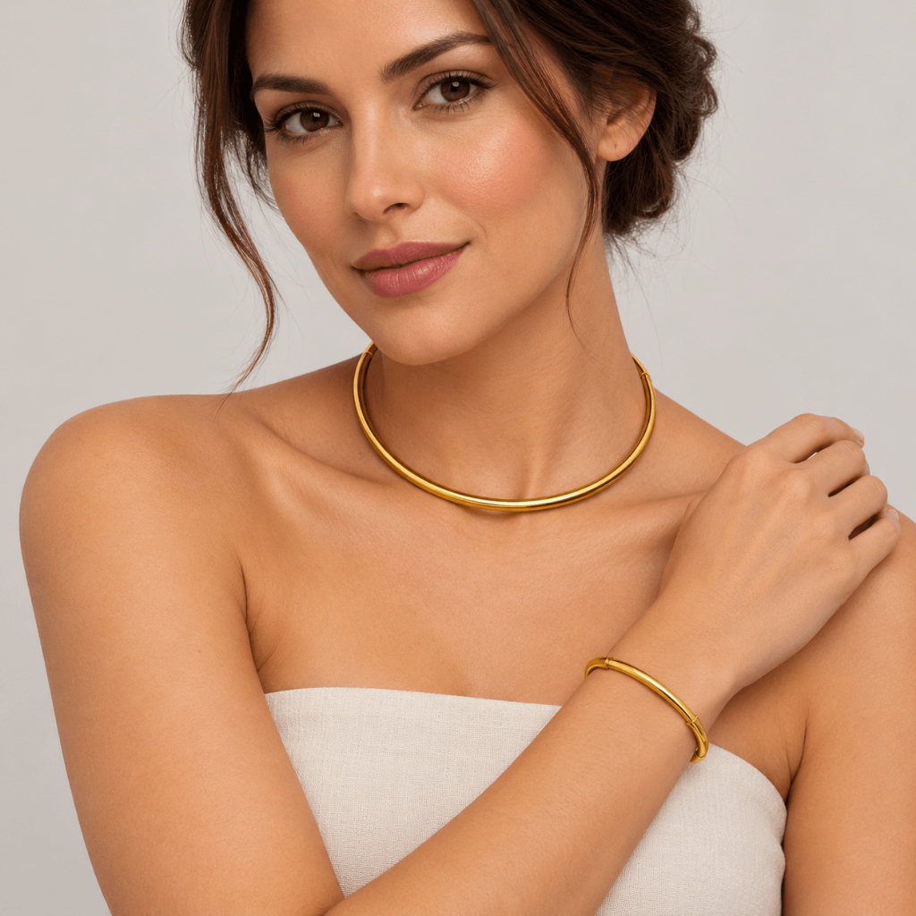 Choker e Pulseira Aro 3,5mm – Folheado Ouro ou Prata – Feminino Ajustável com Design Sofisticado