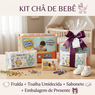 Kit  ( Pom Pom ) Chá de Bebe  Fralda + Toalha Umidecida 50un + Sabonete 70 gr