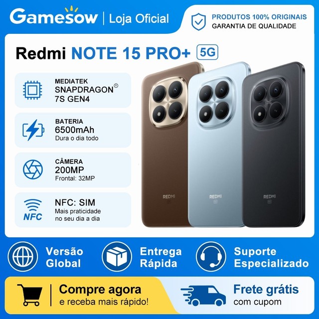 Xiaomi Redmi Note 15 PRO+ 5G, Versão Global, Processador Snapdragon 7s Gen 4, Câmera 200MP, Bateria 6500mAh