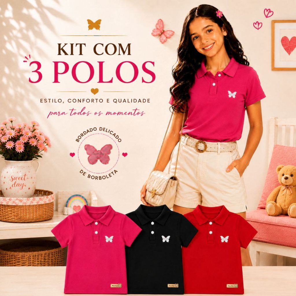Kit com 3 Camisas Infantil Gola Polo Menina com Aplique Borboleta e Botões com Brilho