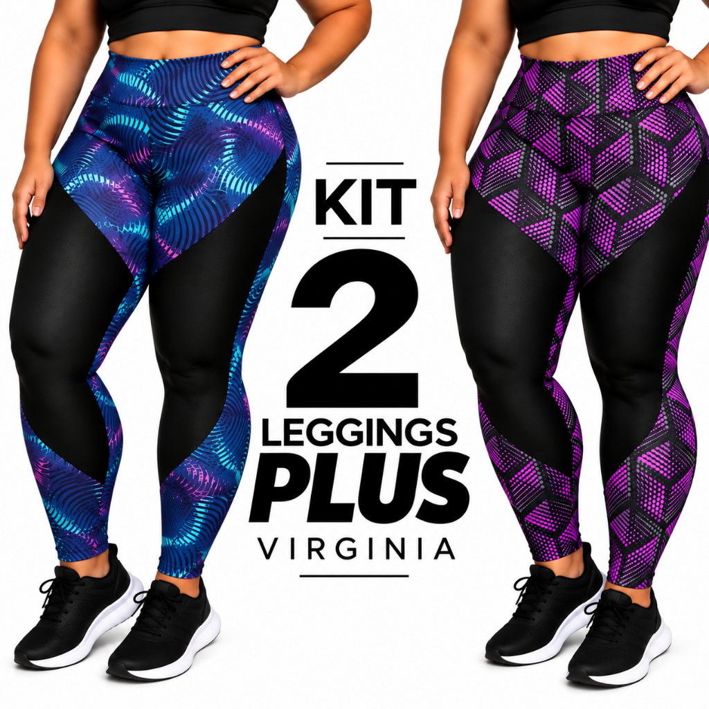Kit 2 Leggings VIRGÍNIA Plus Size Feminina Suplex Cós Alto Não Transparente Academia Fitness Alta Compressão