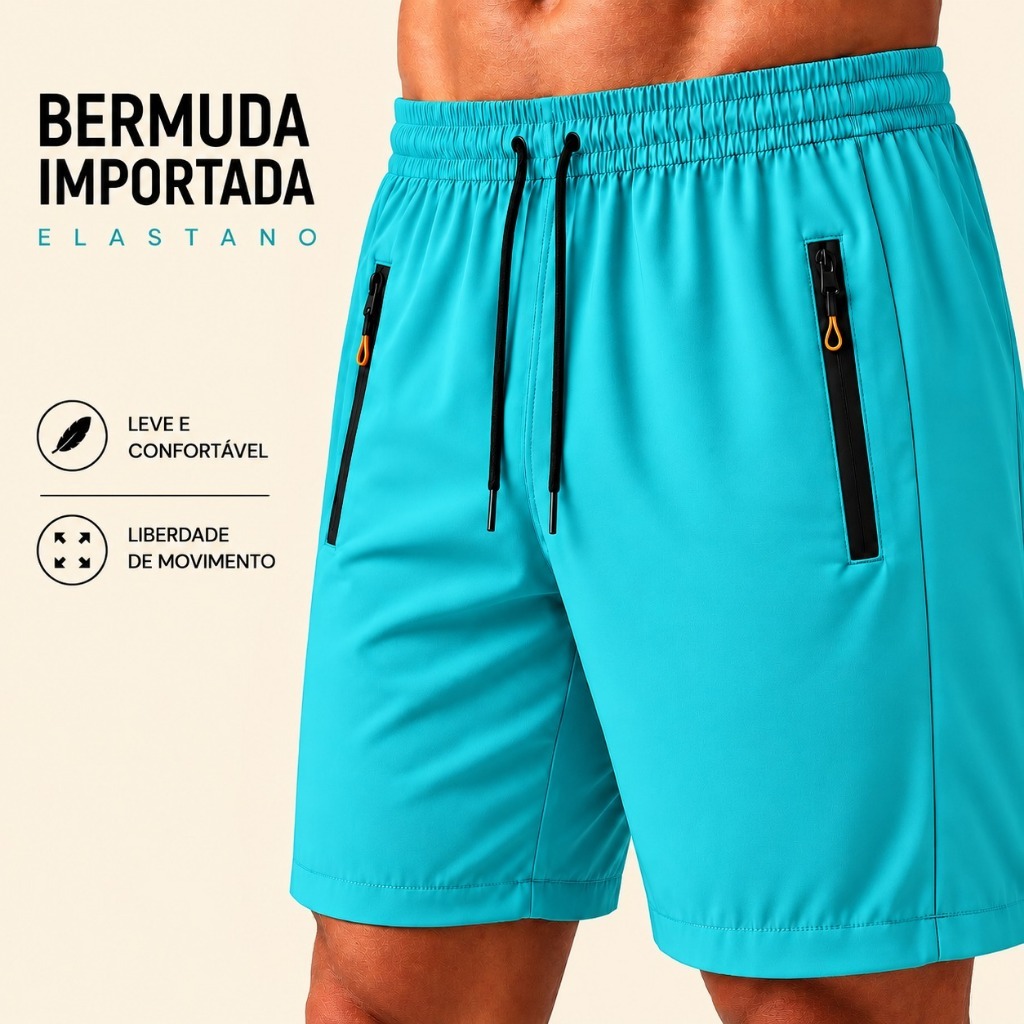 KIT 3 Bermuda Masculina Elastano Importada com Bolsos Zíper Short Casual Academia Praia Confortável