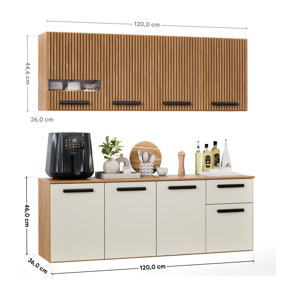 Armário de Cozinha Completa Sala de Jantar 120cm Aereo Com 8 Portas Com Detalhe em Vidro e Balcão Com Gaveta Vitoria · foto 2