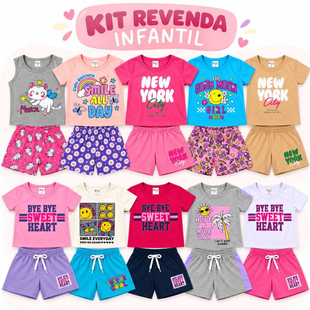 Kit 40 Peças de Roupa Infantil  Meninas Sortidas (20 Camisetas + 20 Bermudas) Kit 20 Conjuntos Revenda Infantil Atacado