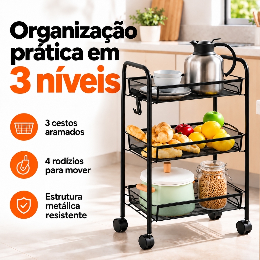 Fruteira 3 Andares De Metal Com Rodinhas Para Cozinha De Chão 3 Cestos Cor Preto e Branca