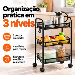 Fruteira 3 Andares De Metal Com Rodinhas Para Cozinha De Chão 3 Cestos Cor Preto e Branca