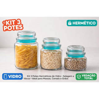 Kit com 3 Potes Heméticos De Vidro Para Armazenar Alimentos Com Vedação Em Silicone E Visualização Transparente