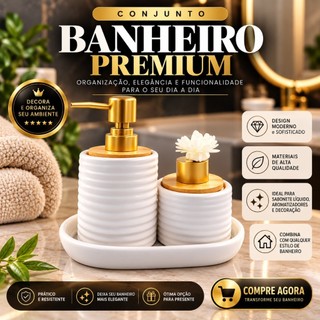Kit Banheiro 3 Peças Porcelana Bambu Porta Sabonete Difusor Organizador Premium Luxo Envio Imediato