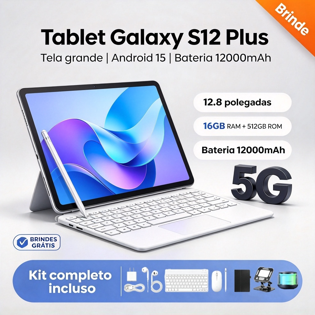 【Teclado e mouse gratuitos】Tablet Galaxy S12 Plus de 12,8 polegadas, 16 GB + 512 GB, 5G e suporte para dois cartões SIM
