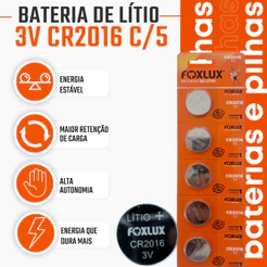 Pilha Bateria Moeda 3V CR2016 Foxlux Lítio Kit com 5