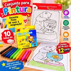 Kit 100 Desenhos para Colorir Pintar Folhas A4 + 12 Giz de Cera Atividade Infantil Adulto Antiestresse Terapia