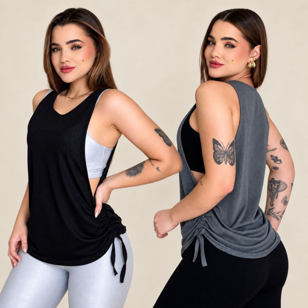 Blusas Dry Fit Fitness Regata Cavada Decote Lateral Tapa Bumbum Top Treino Academia Corrida