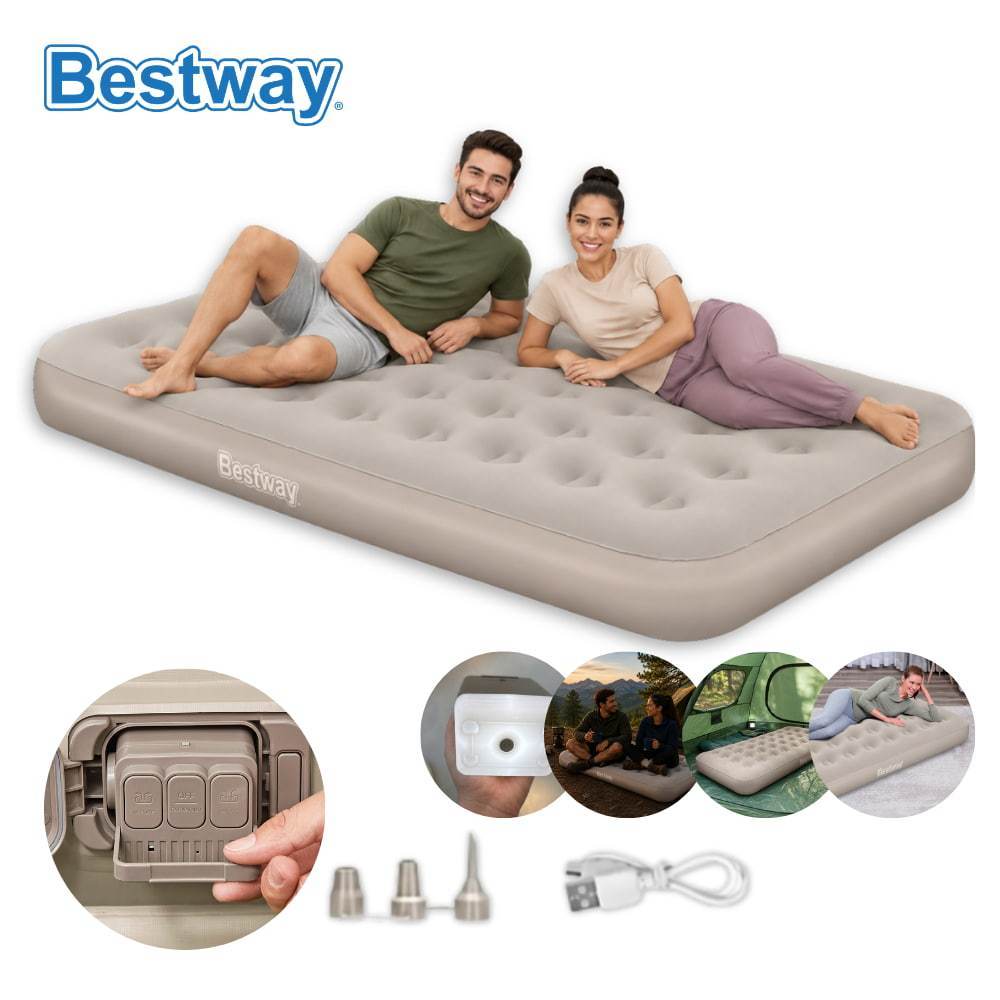 Colchão Inflável Solteiro Bomba Recarregável Elétrica Lítio USB + Lanterna 3 Níveis Para Camping e Casa Bestway