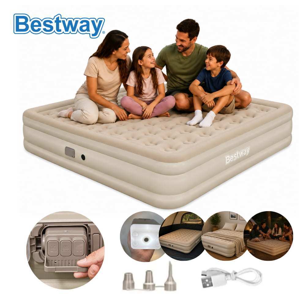 Colchão Inflável King Bomba Recarregável Elétrica Lítio USB + Lanterna 3 Níves Para Camping e Casa Bestway