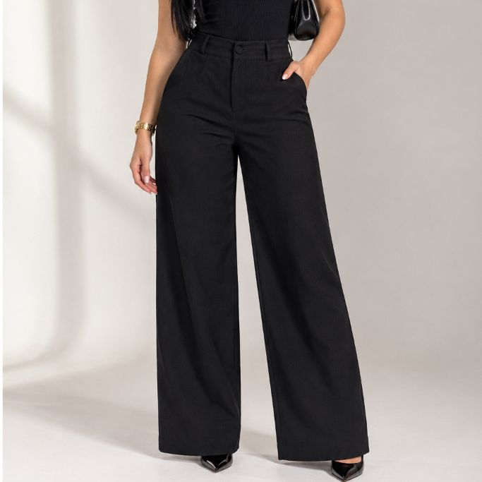 Calça Social Feminina Pantalona Alfaiataria Premium Cintura Alta
