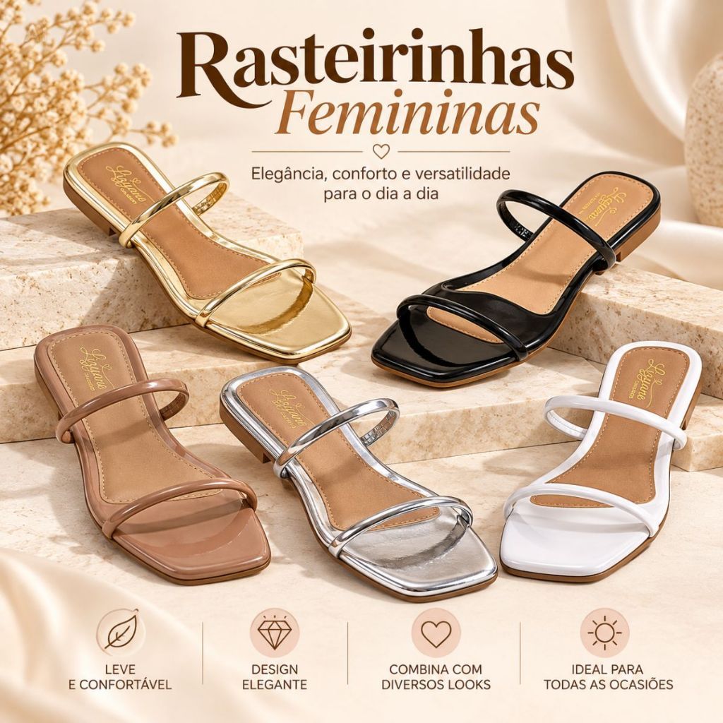 Rasteirinha Feminina Sandália Baixa Tiras Finas Elegante Confortável Casual Verão Moda Feminina