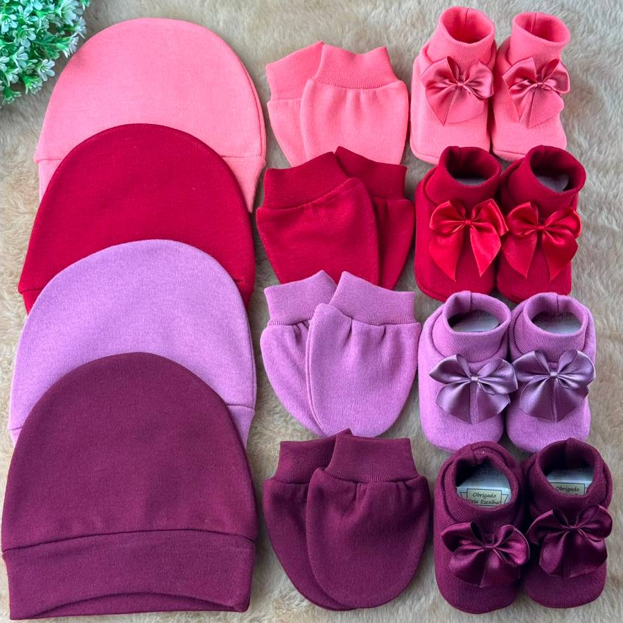 Kit 4 Toucas 4 Pares de Luva e 4 Pares de Sapatinho Bebê Recem Nascido MENINA em Malha de Algodão
