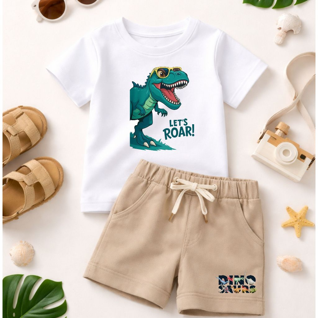 Conjunto Infantil Dino - Conjunto de Menino Estilo StretWear - Camiseta 100% Algodão e Short Moletinho - Conforto