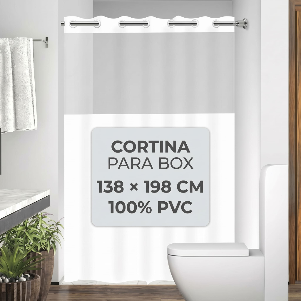 Cortina de Banheiro para Box 138x198cm PVC com Ilhós Visor Transparente Anti Mofo