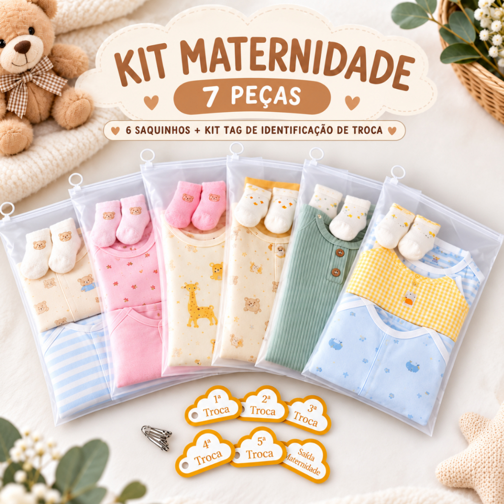 Kit 6 Sacos Saquinhos Fosco Mala Viagem Maternidade Roupa Acessórios Higiene Bebe Zip Lock + Tag