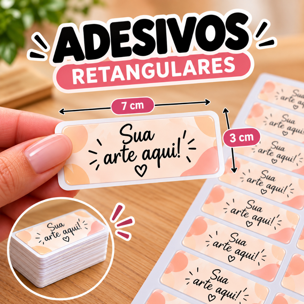 Adesivo Retangular 3X7cm - Personalizado com sua arte - 80 unidades