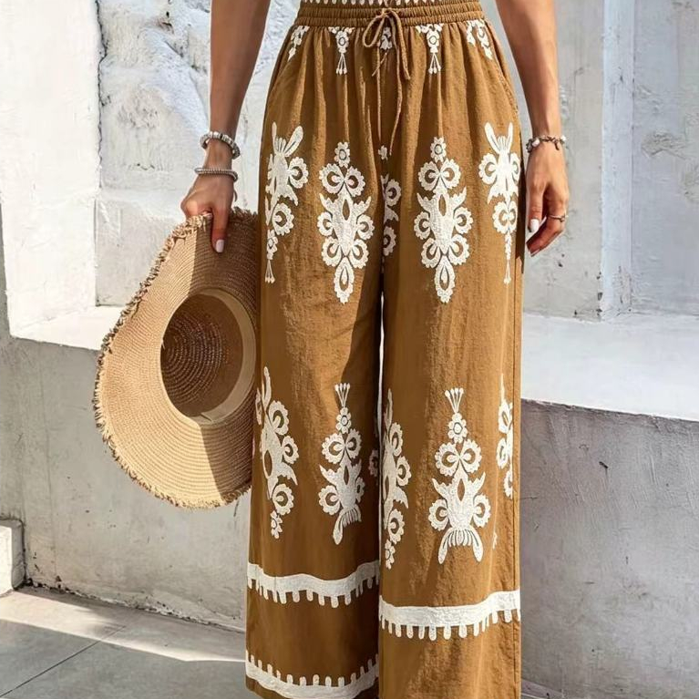 Calça Pantalona Verde Feminina, Estampa Étnica, Cintura Elástica com Amarração