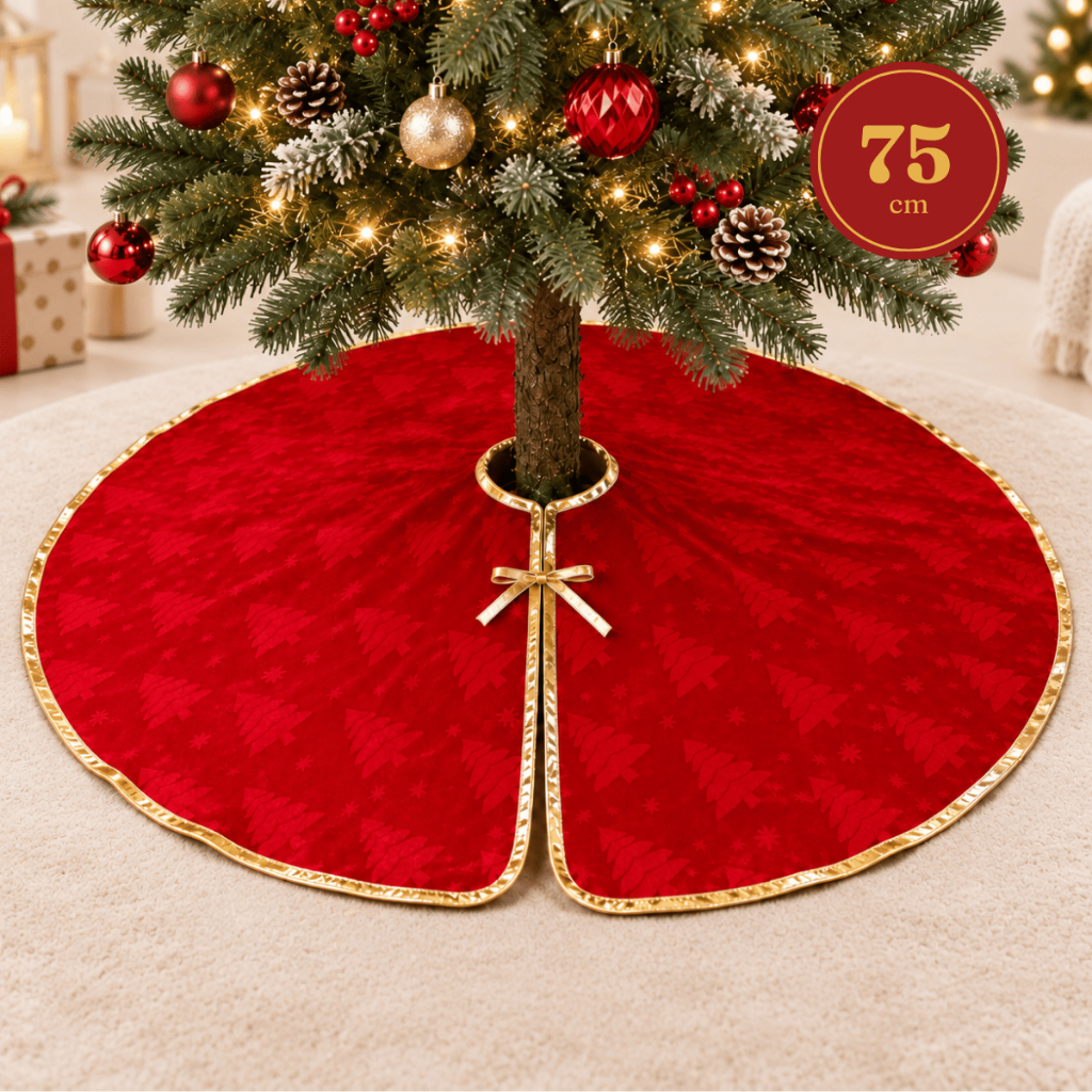 Saia para Árvore de Natal Redonda 75cm Feltro Vermelha e Dourado Base Decorativa com Laço