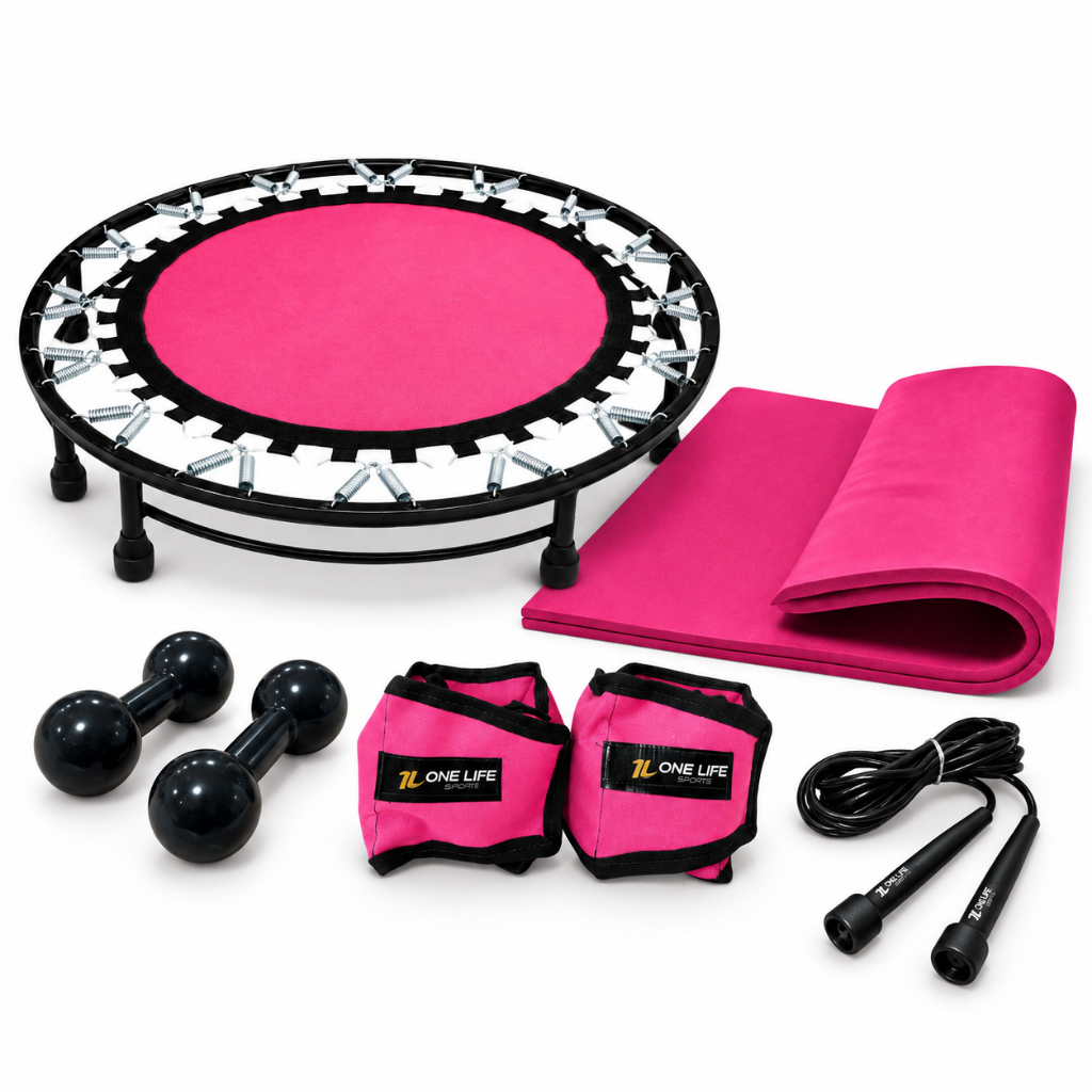 Kit Funcional Rosa com Mini Jump, Halteres, Caneleiras e Corda