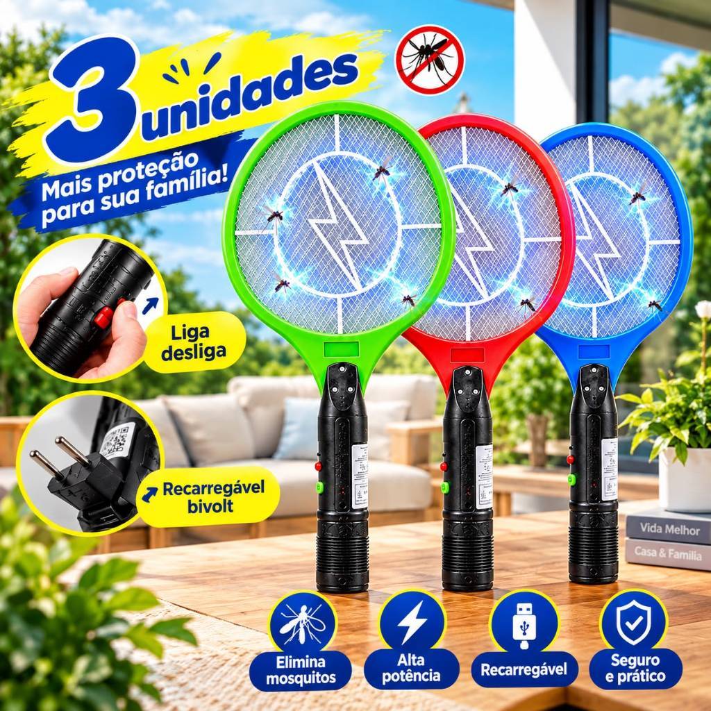 Raquete Elétrica Mata Mosquitos Bivolt 110 e 220 Recarregável Alta Potência Colorida