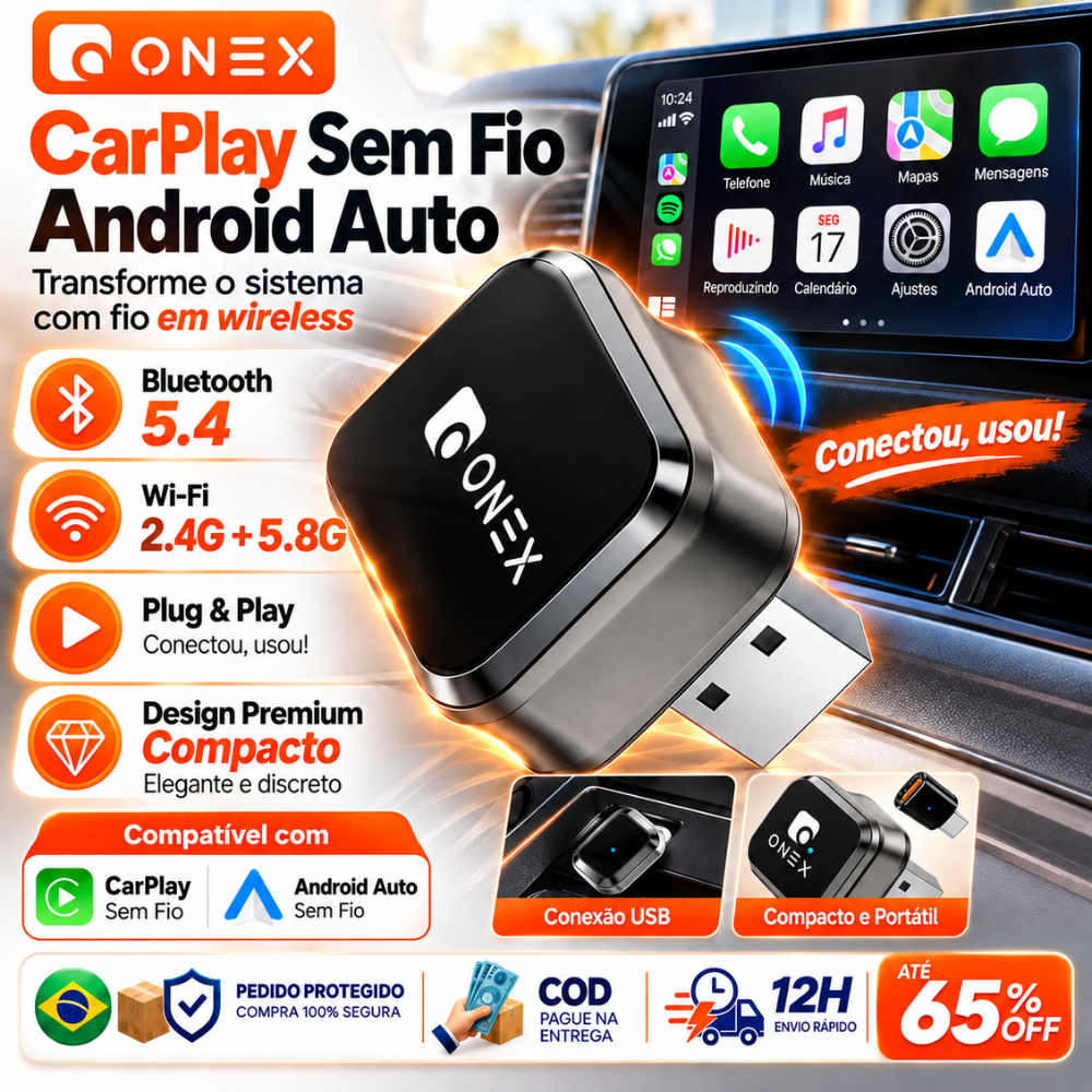 Adaptador CarPlay Android Auto Sem Fio 2 em 1 Wireless USB Tipo C Bluetooth 5.4 Plug and Play para Carro