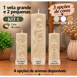 Kit 3 Velas Religiosas Cera de Coco | Virgem Maria, São Miguel e Nossa Senhora Aparecida
