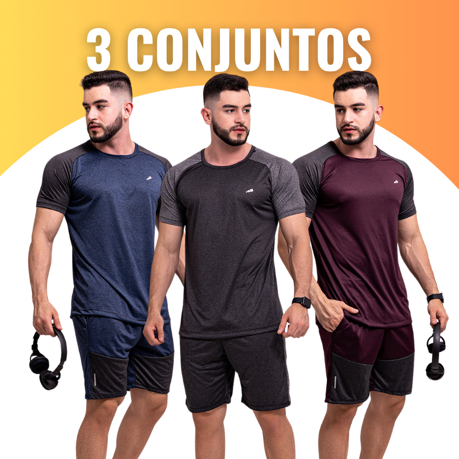 3 Conjunto Masculino Dryfit Camisa Masculina Manga Curta + Short Masculino kit com três Conjuntos