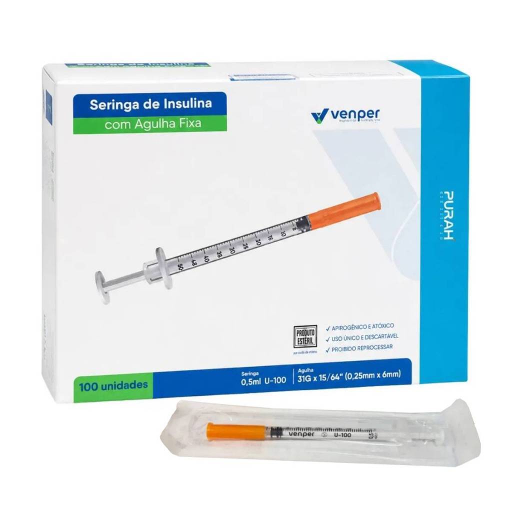 Seringa Insulina 6mm x 0,25 Agulha Ultrafina 0.5ml e 1mL Caixa 100un Estéril Venper