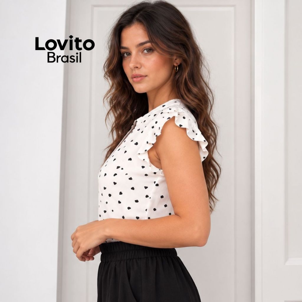 Lovito Blusa sem Manga com Detalhes Babados e Estampada de Coração BLB20D1496 · foto 2