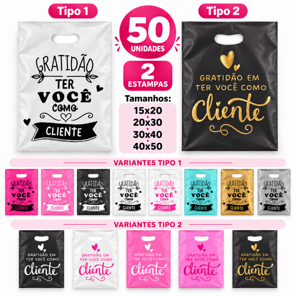 Sacola Personalizada Gratidão Ter Você Como Cliente Sacolinha Plástica P, PP, M G  Boca de Palhaço Embalagem alça vazada