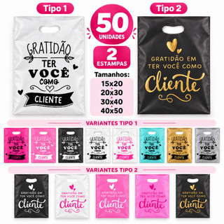 Sacola Personalizada Gratidão Ter Você Como Cliente Sacolinha Plástica P, PP, M G  Boca de Palhaço Embalagem alça vazada