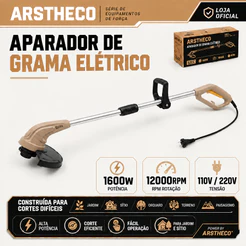 Aparador De Grama Elétrico Corte 280 MM 1600W cabo bipartido 12000RPM 110V/220V Com Acessórios Arstheco