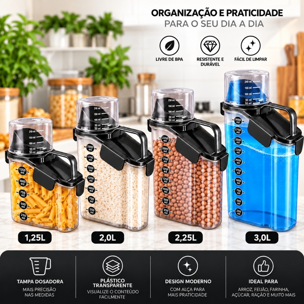 Kit 4 Dispenser Multiuso Premium Pote Hermético Acrílico TampaDosador Porta Mantimento Cozinha Lavanderia Sabão Liquidos