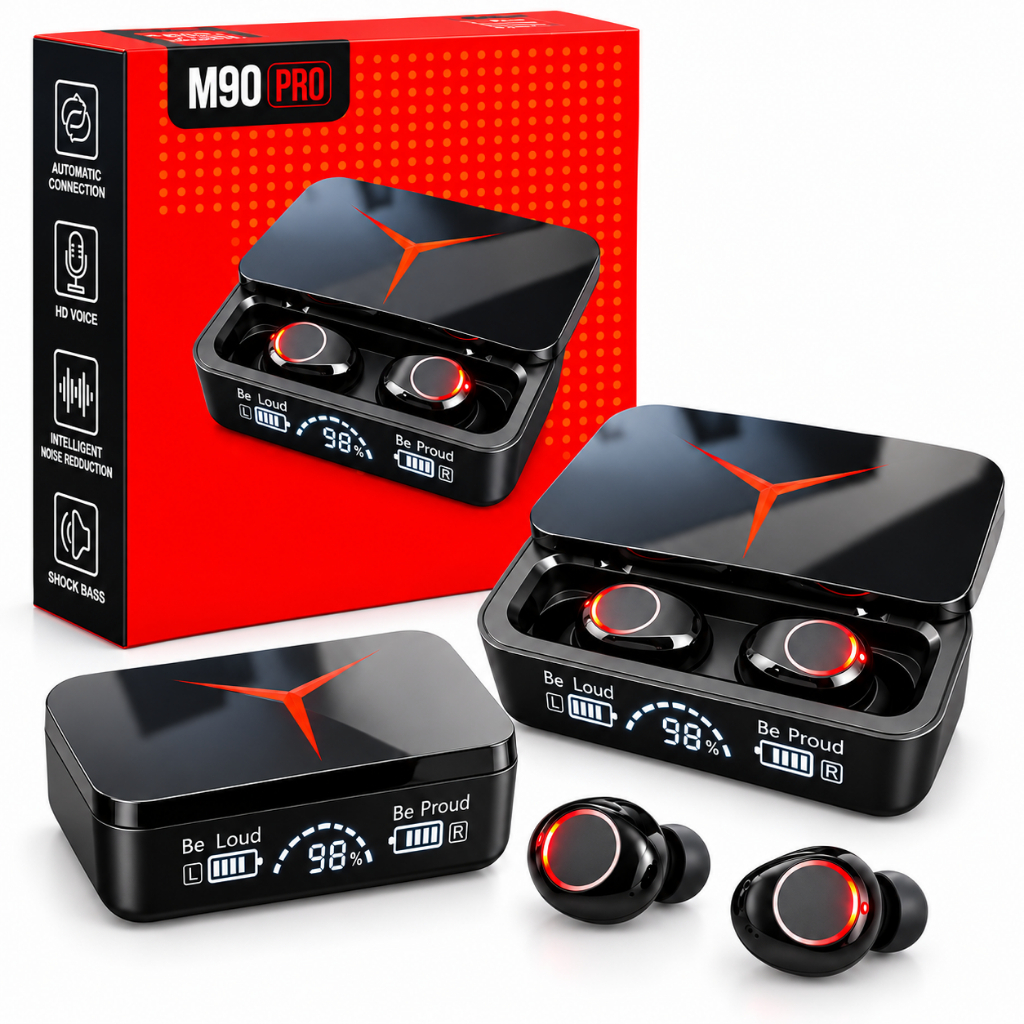 Fone de Ouvido Bluetooth 5.3 Sem Fio TWS M90 Pro Gamer com Microfone ENC Estojo de Carregamento Display LED Preto