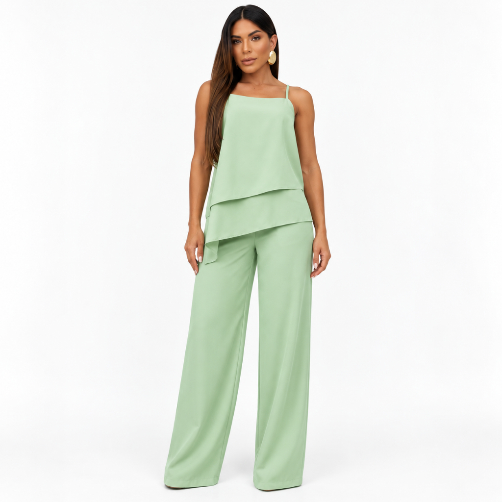 Conjunto Feminino Assimétrico Calça Pantalona e Blusa de Alcinha Elegante Social