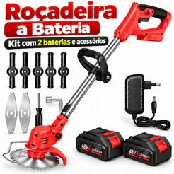 Roçadeira Elétrica 48VF Sem Fio com 2 Baterias Haste Telescópica Lâmina Metálica para Jardim e Quintal