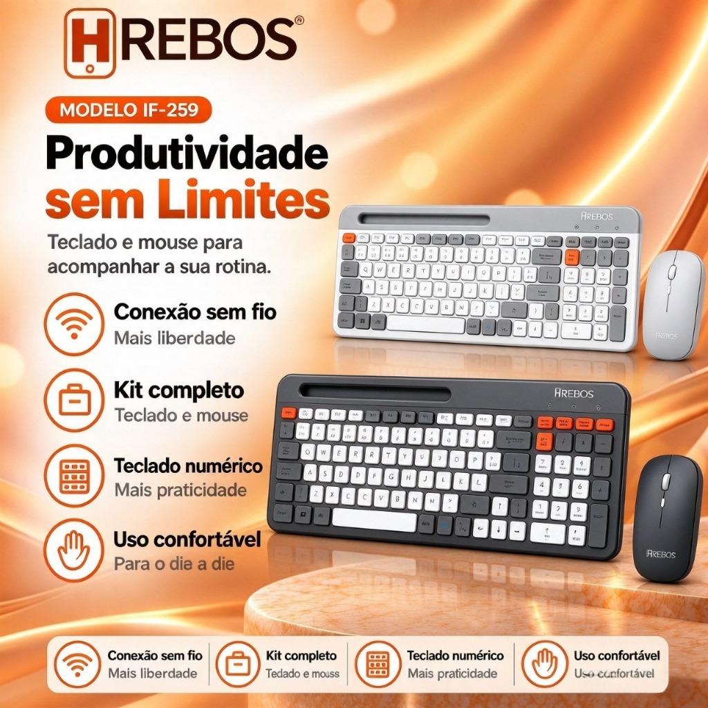 HREBOS IF-306 Kit Teclado e Mouse Sem Fio Bluetooth 2.4G ABNT2, Recarregável USB-C, Ergonômico para PC, Windows e Mac OS