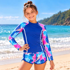 Roupa De Banho Infantil Menina Blusa Uv50+ Conjunto Blusa Manga Longa e Biquini Shortinho Moda Praia