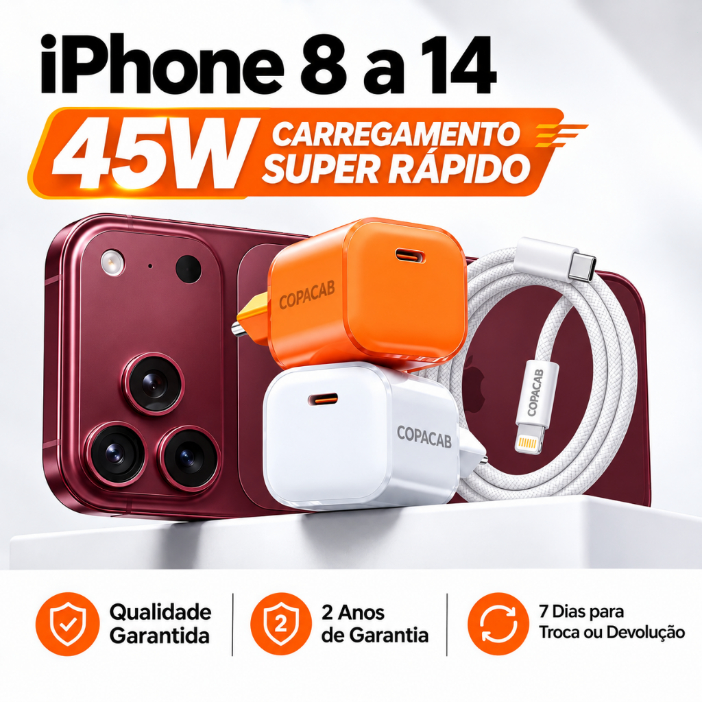 Carregador 45W USB-C PD GaN Super Rápido+Cabo Lightning,Carregamento Rápido,Não esquenta,para iPhone 14 13 12 11 Promax