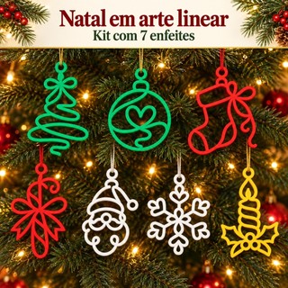 Kit 7 Enfeites de Natal para Árvore Arte Linear Cores Mistas Branco Amarelo Verde Vermelho