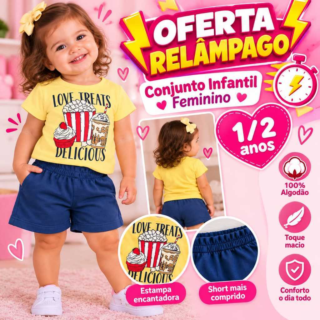 Conjunto Infantil Feminino Blusa Estampada e Short com Elástico – Look Verão Menina 1 a 2 Anos