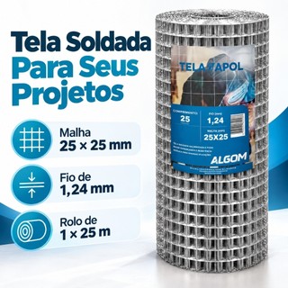 Tela Soldada Alvenaria/Fachada Galvanizada Fapol 1,24mm (Malha 2,5x2,5cm) Rolo com 15M ou 25M Algom