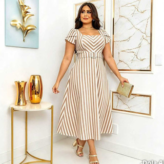 Vestido Linho Listrado Tendencia P Ao G3  Elegante Manga Folha Com Cinto Sofisticado - Cultos Casamentos e Eventos