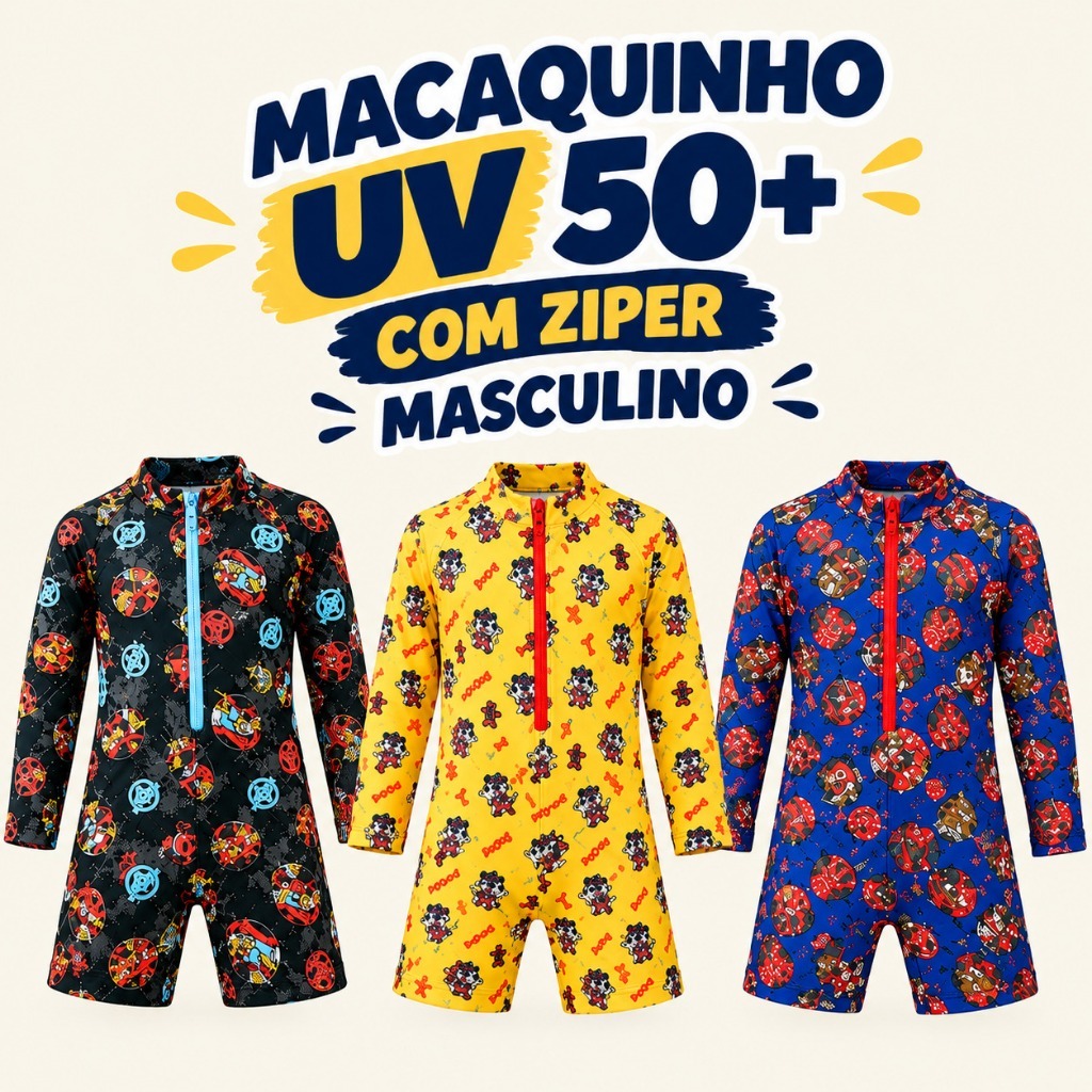 Macacão UV50+ Maiô Com Zíper Infantil Masculino Praia Piscina Natação Macaquinho Uv