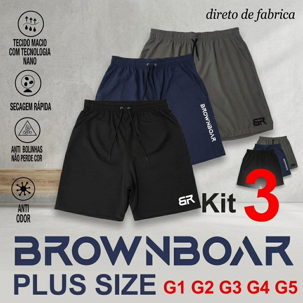 Kit 3 Bermuda  Masculino Tactel Elastano do P ao G5